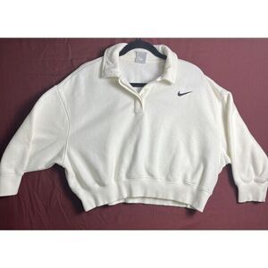 NIKE Womens Polo Neck Sweatshirt Jumper UK (L) White & Black Cotton‎ BA78